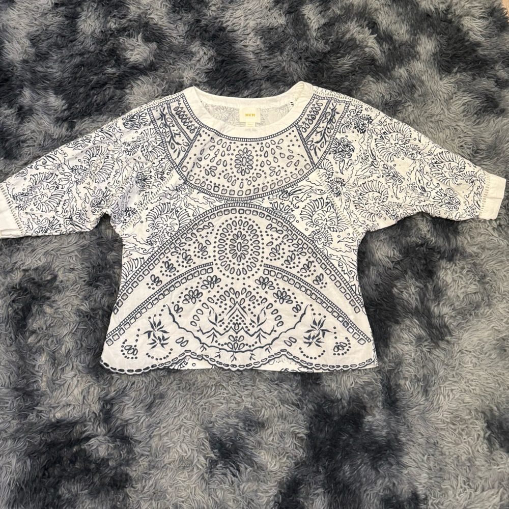 Maeve White & Blue Cut Out Short Sleeve ShirtSize Small